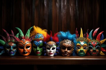 Sticker - colorful carnival masks on a dark wooden table