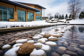 Poster - zen stones on snow beside spa facility building