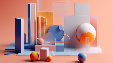 Wall Mural - Professional 3D render isometric composition of simple plastic and glass objects on solid color background