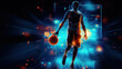 glowing blue rays, lines , banner African-american young basketball player with basketball ball over dark background, sport, movement, energy and dynamic, healthy lifestyle, coopyspace.