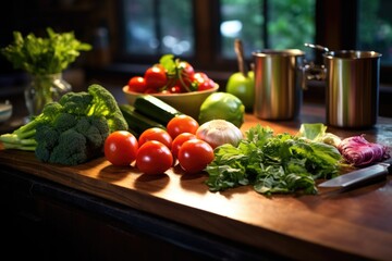 Sticker - fresh vegetables on a board, in a moonlight kitchen