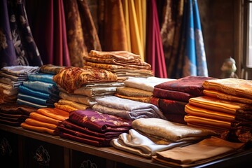 Wall Mural - exquisite silk fabrics displayed at a cloth merchants stall