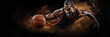 African-american young basketball player in action and motion in flashlights over black background, sport, movement, energy and dynamic, healthy lifestyle, copyspace.