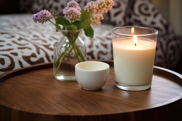 Canvas Print - a cup of warm milk on a mahogany nightstand