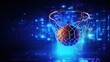 glowing blue rays, lines , banner basketball ball and hoop over dark background, sport, movement, energy and dynamic, healthy lifestyle, coopyspace.