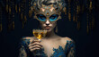 a woman with a blue mask holding a glass of champagne