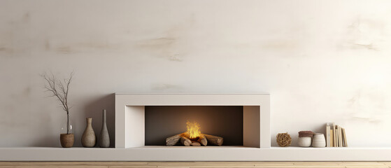 Wall Mural - White minimal apartment, room with fireplace. Scandinavian design.Holidays mockup with copyspace. Generative ai