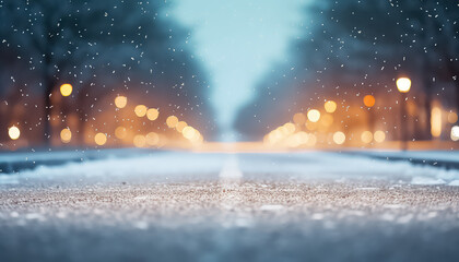 Wall Mural - Washed-out road with snow and lights