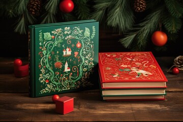 Wall Mural - red and green storybooks about christmas on wooden surface