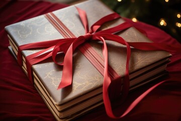 Wall Mural - close up of a thick christmas storybook tied with a red ribbon