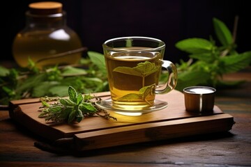 Canvas Print - a cup of herbal tea on a wooden stand