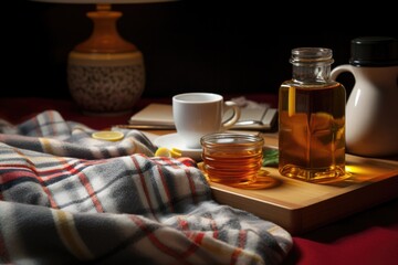 hot tea and cold medicine on a nightstand