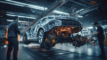 Two mechanics reparing car. Automobile assembly plant. Car manufacturer. Car factory. Generative AI