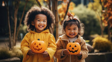 Cute Little Children Smiling And Holding Halloween Pumpkins Looking At Camera, Photo Portrait Of Asian Girls For Halloween, Autumn Park On Background