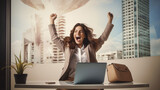 Fototapeta  - Inspired female manager with laptop jumping in air and celebrating success on background