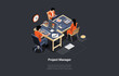 Concept Of New Startup Or Project. Software Engineers Man And Women Project Manager Develop Or Working On New Startup Idea. Creative Team In Coworking. Isometric 3d Cartoon Vector Illustration