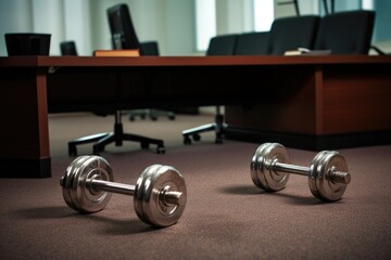 Canvas Print - dumbbells on the floor near office desk