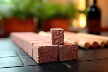 Canvas Print - yoga brick balancing on top of a cork yoga mat