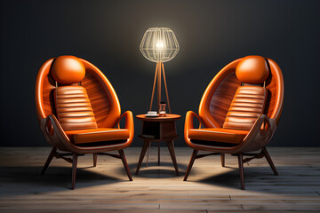 Two orange armchairs and a table with a lamp on a wooden floor, Ai Generated