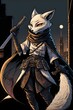 a cute slender female anthropomorphic white fox in black straps and a black leather cloak standing on a moonlit rooftop at night smirking and spinning a dagger in her paw thief rogue ninja cape 