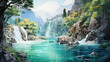 creative illustration of a waterhole with waterfalls in a paradisiacal place surrounded by trees.