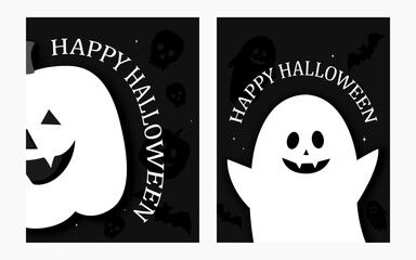 Wall Mural - Happy Halloween illustration with ghost and pumpkin on a black background. Set of two vector illustrations.