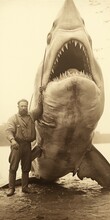 Old Photograph Of Fisherman Next To Very Large, Great White Shark