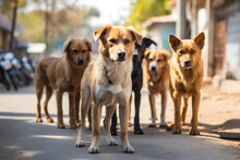 Pack Of Stray Stray Dogs On A City Street. Problem Of Abandoned Stray Animals