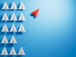 Leaderairplane concept with red paper plane leading among white.3D rendering on blue background.
