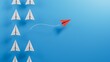 Top view of red paper paper plane origami leaving other white paper planes on blue background with customizable space for text or ideas. Leaderairplane skills concept.
