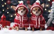 Photo of two small dogs wearing red and white Christmas  sweaters created with Generative AI technology