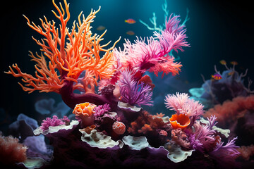 Wall Mural - close up of a beautiful colorful tropical coral reef deep under the sea