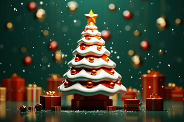 Wall Mural - Cute 3d Christmas tree with gift presents, Xmas Background, Generative ai