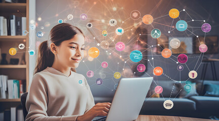 Smiling girl using laptop computer from home to do school work and study. Modern concept of technology and networking. Software development tool. Artificial intelligence AI support for students.