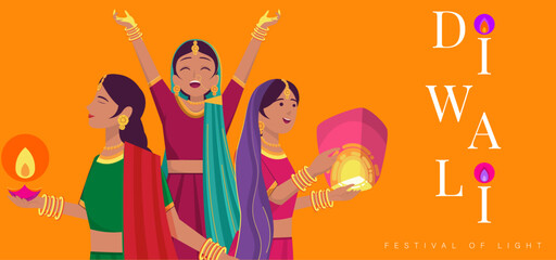 Poster - Three Indian Girl Wearing Saree Celebrating Diwali Over Orange Isolated Background. Indian festival of lights Design. Suitable for Greeting Card, Banner, Flyer, Template.