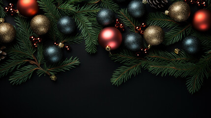 Wall Mural - Christmas balls on branches of a Christmas tree on a dark background, Xmas Celebration, Generative Ai