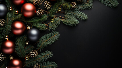 Wall Mural - Christmas balls on branches of a Christmas tree on a dark background, Xmas Celebration, Generative Ai