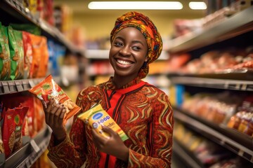 Happy african woman shopping in at Supermarket ,Generative AI.