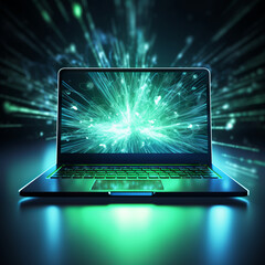 A laptop with a digital blue and green glow on a screen