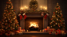 Christmas Stocking On Fireplace Background.