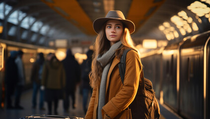 stylish hipster solo traveller female adult woman happiness cheerful stading in railway train platform station terminal waiting for arrival train sunset moment