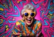 © Shubham - senior woman with colorful sunglasses senior woman with colorful sunglasses happy old lady in bright sunglasses and colored jacket posing on a bright yellow background in studio. concept of art and be