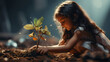 A little girl is planting trees in the garden. Children Planting Trees and Fostering a Love for Nature in Their Garden