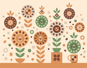 Wall Mural - Illustration with coffee beans and flowers in minimalistic style. Packaging design for coffee shop. Vector print with circular shapes for menu, cafe wall, banners.