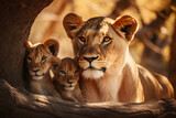 Fototapeta Miasta - Lioness Protection: Vigilant Mother Shields Cubs from Intense Midday Heat on Savannah