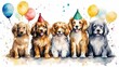 Birthday greeting card with cute dogs and balloons, watercolor illustration