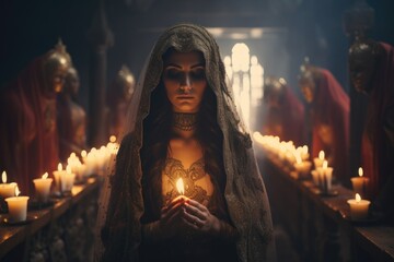 Poster - A woman holds a candle in front of a group of people. This image can be used to depict unity, leadership, or a moment of silence.