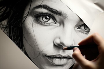 Poster - A detailed drawing of a woman's face created with a pencil. This image can be used for artistic projects or to illustrate the process of creating artwork with a pencil.