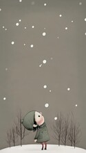 Illustrated Child Delights In Magical Christmas Snowfall.A Child Gazes In Awe At The Christmas Snowfall Gently Descending Around Them. It Embodies The Concept Of Innocence, 