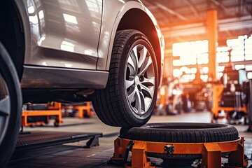 A tire changer Check the condition of new tires in stock for replacement at the car tire service center.